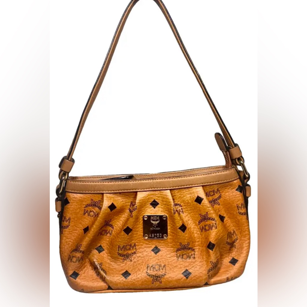 Mcm Cognac Visetos Leather Shoulder Bag.